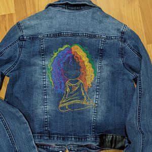 DKNY denim jacket with Rainbow Haired girl Embroidery